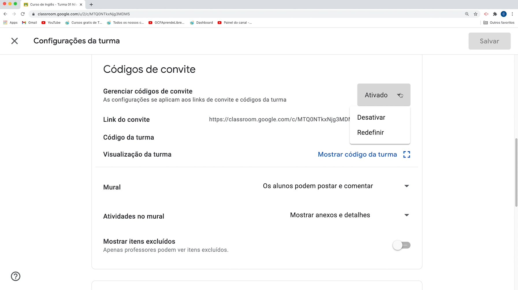 como configurar o código do convite do Google Sala de Aula2